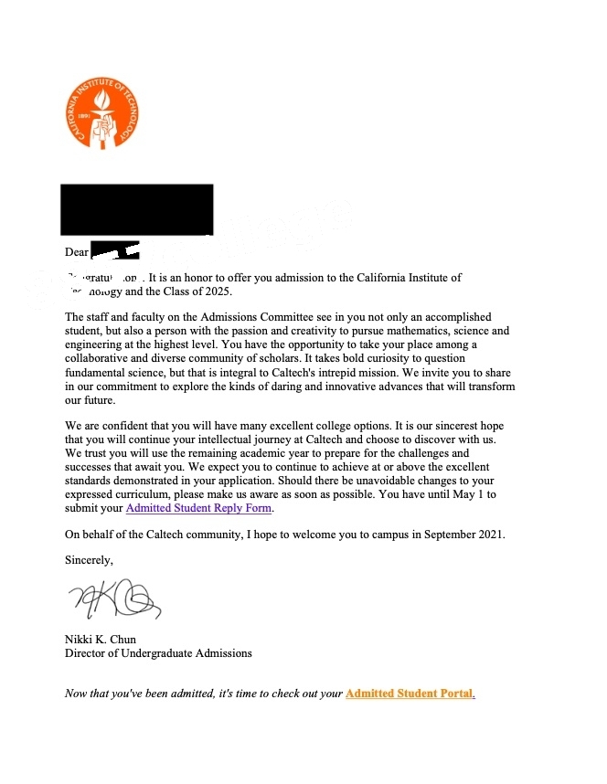 California Institute of Technology   入學通知信小圖