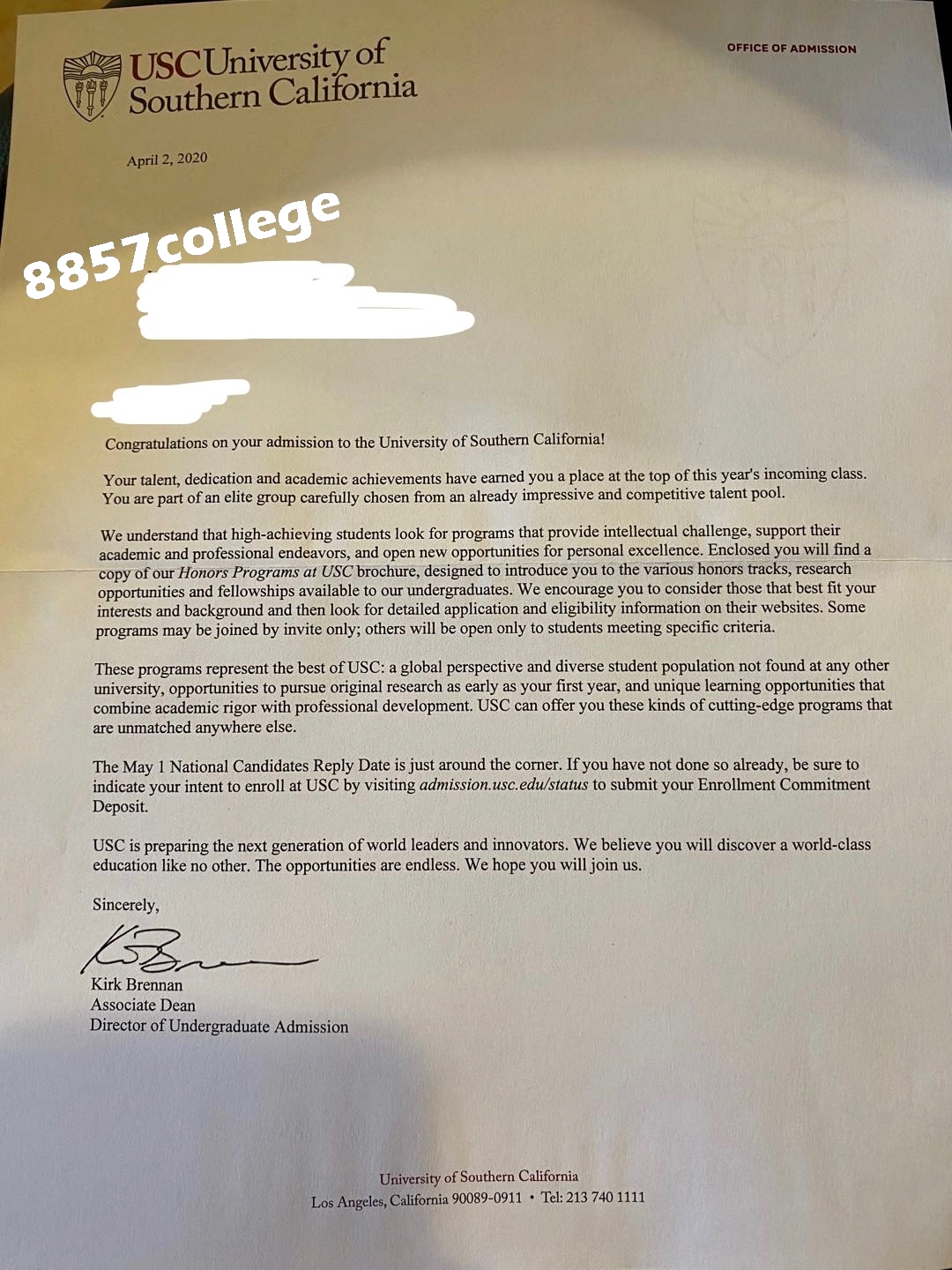 University of Southern California  入學通知信小圖