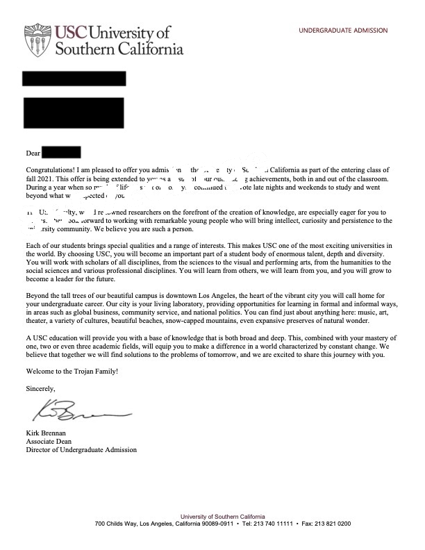 University of Southern California  入學通知信小圖